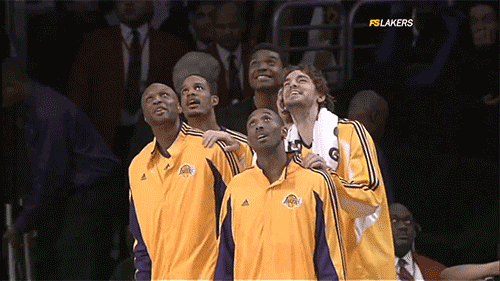 A gif of the lakers reacting to a massive dunk is shown.