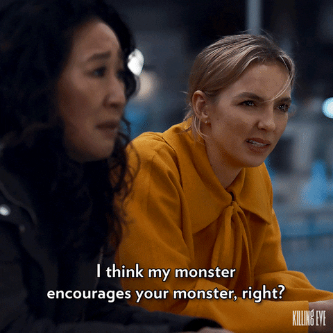 Villanelle and Eve leaning on the rails of London bridge; the former questions,"I think my monster encourages your monster, right?"