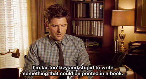 treat yo self day parks and rec book gif parks and rec writing gif ben wyatt gif