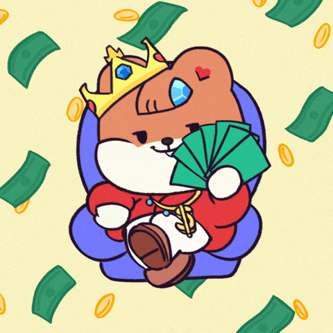 Kawaii gif. Nuts the Squirrel reclines on a comfy throne wearing a crown and robes and bling, surrounded by money, tauntingly fanning a load of dollar bills.