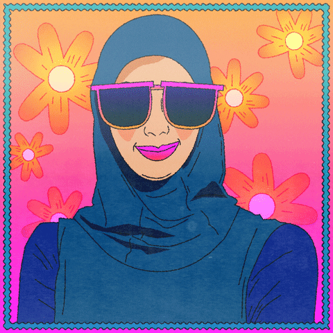 Illustrated gif. A woman wearing a hijab and sunglasses holds a birthday cake with a lit candle on it. The sunglasses read, "Happy Birthday." Behind the woman are flowers.
