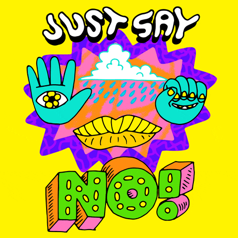 Text gif. Bright yellow scene of neon 80s prints and surreal imagery, a raincloud, lightning and stars, yellow lips opening and closing, two turquoise hands eyes on the palms and flowers for irises open and close like eyelids. Text, "Just say no!"