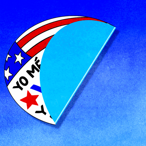 Digital art gif. White circle-shaped sticker adheres to a blue background, featuring an American flag and text that reads, “Yo me registre para votar y usted, ya se registro para votar?”