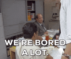 The Office gif. Brian Baumgartner as Kevin sitting at a table with others, deadpan, saying "we're bored a lot."