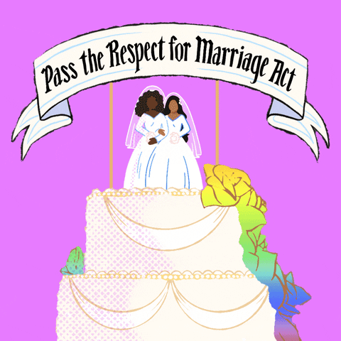 Digital art gif. White wedding cake decorated in rainbow flowers over a bright lilac background features several changing diverse cake toppers featuring heterosexual and homosexual couples. Above a white banner reads, “Pass the Respect for Marriage Act.”
