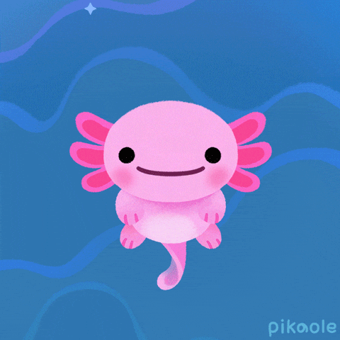Digital illustration gif. Pink axolotl bobs up and down in the water, wagging its tail and opening and closing its mouth as hearts float up above it. 