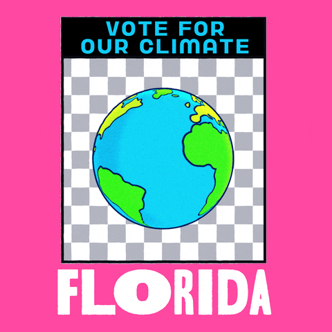 Digital art gif. Earth spins in front of a grey and white checkered background framed in a pink box. Text, “Vote for the climate. Florida.”