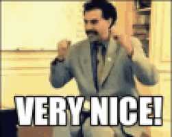 Movie gif. Sacha Baron Cohen as Borat shakes both of his fists in the air with a wide grin on his face. Text, "Very Nice!"