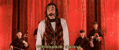 Movie gif. Daniel Day-Lewis as Bill the Butcher in Gangs of New York stands on stage, throwing up his hands and says sarcastically, “whoopsie daisy!