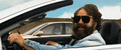 Movie gif. Zach Galifianakis as Alan in The Hangover 3, driving by in a convertible, give us a thumbs up.
