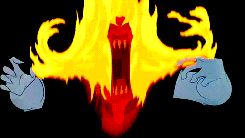 Gif of Hades from Disney's Hercules screaming with his whole head engulfed in bright orange flame before reducing to a small blue flame as he says 