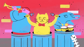 Illustrated gif. Three alleyway musicians, a boy with a trumpet, a yellow cat with maracas, and a dolphin with bongo drums, play their instruments while standing inside trash cans.