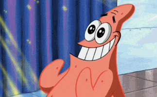 SpongeBob gif. A flattered Patrick smiles happily as stars float down towards him.