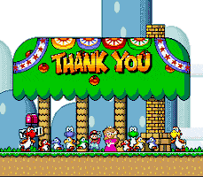 Video game gif. Super Nintendo 16-bit Mario and Princess Peach smile and wave at us beneath a palm umbrella end screen that reads "Thank you" amongst many Yoshis and Koopa Troopas bouncing and hooray-ing.