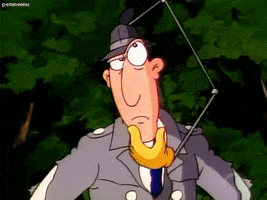 Cartoon gif. Inspector Gadget raises an eyebrow in contemplation as a mechanical hand strokes his chin.