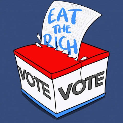 Digital art gif. Red, white and blue ballot box labeled “Vote” against a blue background splits open and chews on a ballot that reads, “Eat the Rich.”