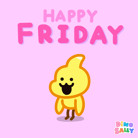 Cartoon gif. Blambi, the little yellow dinosaur in DinoSally, twirls on one foot and blows kisses against a pink background, sending hearts out each time. Text, "Happy Friday."