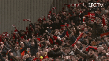 Video gif. Fans of the Liverpool Football Club stand up and cheer.