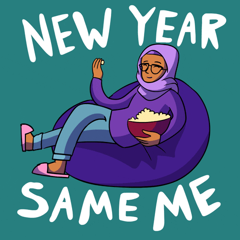 Digital art gif. A happy woman tosses popcorn into her mouth as she reclines on an oversized bean bag. Text, "New Year, Same me."