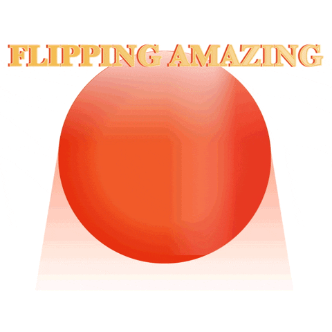 Digital art gif. We see a red circle below text which says "Flipping amazing". A ballerina in a teal outfit flips into frame from below and does a T-pose, then drops back out, leaving graphical artifacts behind.
