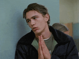 TV gif. James Franco as Daniel Desario in Freaks and Geeks leans up against the wall with his hands in a praying position. He bats his eyes as he says, “Pretty please.”