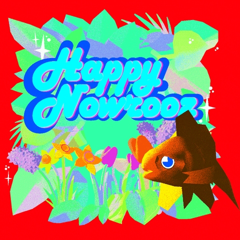 Digital art gif. Goldfish swims back and forth around fluttery foliage with gold, magenta, and lilac flowers in front of a red background. Text, "Happy Nowrooz."