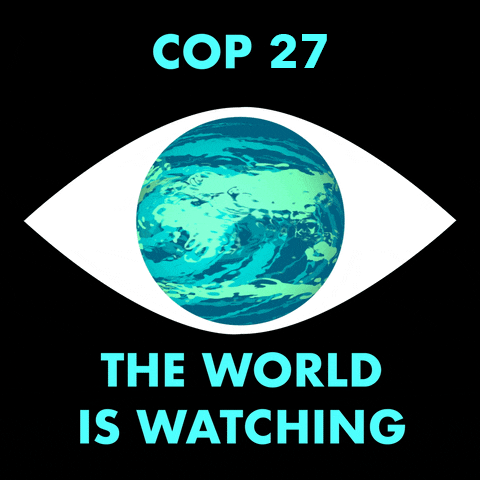 Digital art gif. Human eye, in place of the iris a depiction of the Earth, rotating, its tides in motion. Text, "COP 27, the world is watching."