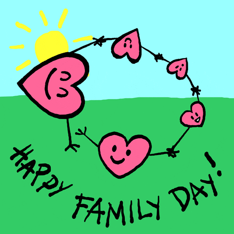 Illustrated gif. Pink hearts with smiling faces link hands and spin in a circle. A shining sun is in the background and they're on a field of grass. Text, "Happy Family Day!"