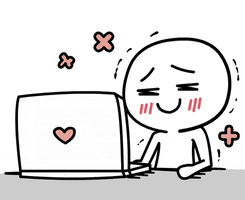 Kawaii gif. Person looks at a laptop blushing and trembling, flowers twirling around them. Their eyes then change into big red hearts and they begin to drool, leaning forward towards the screen. Suddenly, they get an intense nose bleed and pass out.