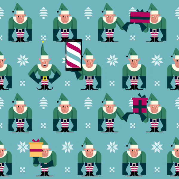 Illustrated gif. Rows of tired looking Christmas elves pass present boxes down the row. In one row a large smartphone is passed along, each elf excited to hold it.