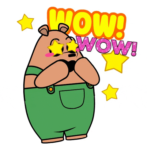 Illustrated gif. Brown bear shaped like an egg and wearing green overalls holds his paws in front of his face as he gasps in awe. His eyes are yellow shaking stars. Stars shake around him as well. Text, “Wow! Wow!”