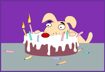 Pohyblivá animace se psem se zanořeným čumákem v narozeninovém dortu s hořícími svíčkami na fialovo-šedém pozadí. 