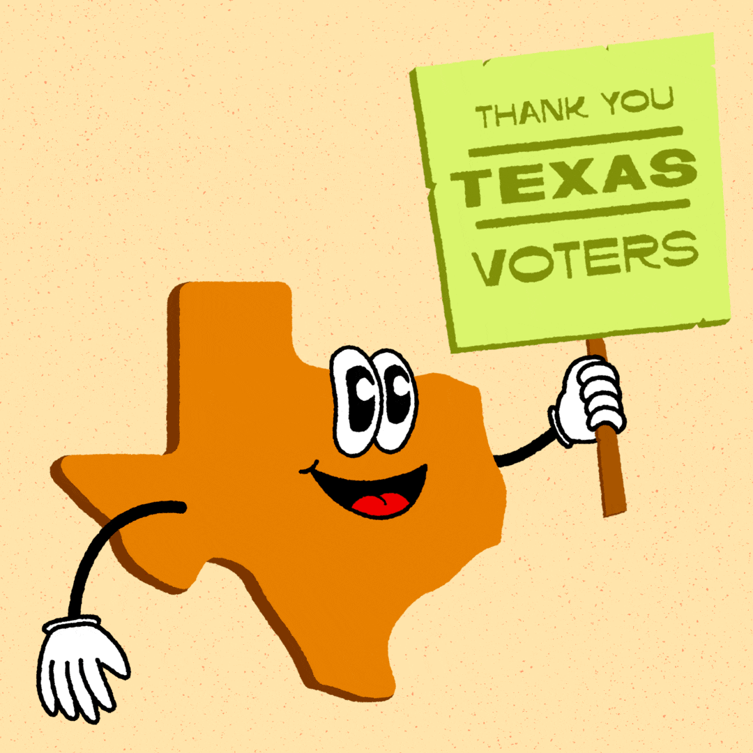 Digital art gif. Orange graphic of the anthropomorphic state of Texas on a butter yellow background holding a lemon yellow picket sign that reads "Thank you Texas voters!"