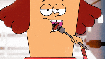 Cartoon gif. JJ Jameson from Pinky Malinky chewing a mouthful of food and holding a fork. Text "Perfection!"
