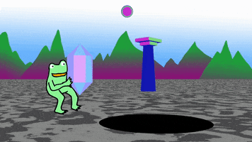 Digital art gif. Frog runs on two legs while holding a huge gem. The frog drops the gem into a black hole and waves at it as it goes down.