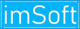 Text gif. Bordered with white lines, text reading, "imSoft" is displayed across a vibrant color-changing background