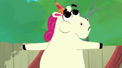Gif of a cartoon unicorn catching eight plates of delicious cherry pie. 