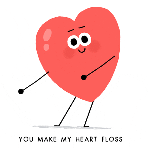 Illustrated gif. A red heart smiling and doing the flossing dance move. Text, "you make my heart floss."