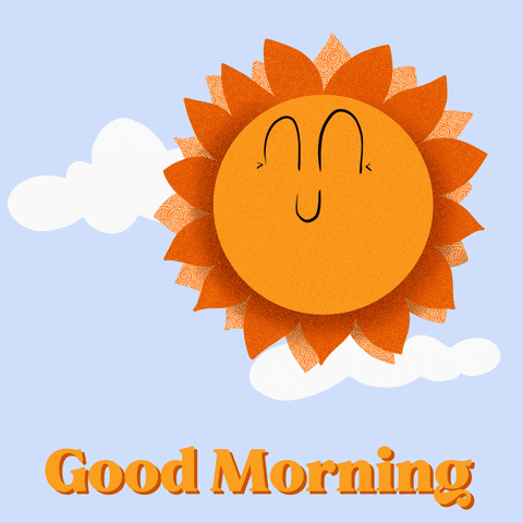 Illustrated gif. An orange sun with a super happy smile and closed eyes in a light blue sky with white clouds rolling by. Text, "Good morning."