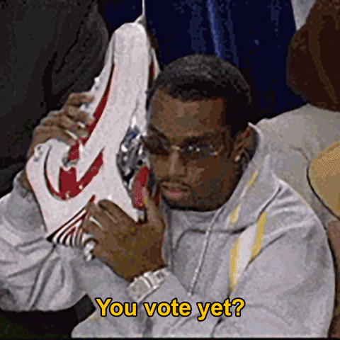 Celebrity gif. Sean Combs, giant shoe phone to his ear asks, "You vote yet?" Allen Iverson, also on a giant shoe phone, replies, "Nah, let's go together."