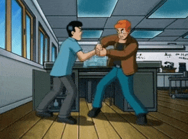 Cartoon gif. Archie and Reggie on the Archie Show fight over a glass beaker in a classroom. They try to grab it from each other, tugging angrily at it.