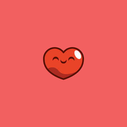 Kawaii gif. A happy, shiny heart with a closed-eye smiley face pulses as pink and red heart shapes expand behind it to fill the background. 
