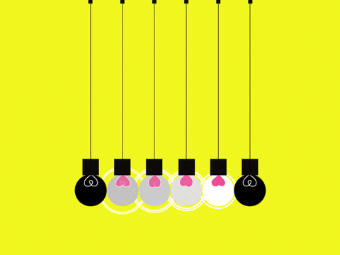 An animated gif illustration with a line of light bulbs hanging from strings - the first one lights up and swings in, hitting the others, and the light goes down the line of bulbs.
