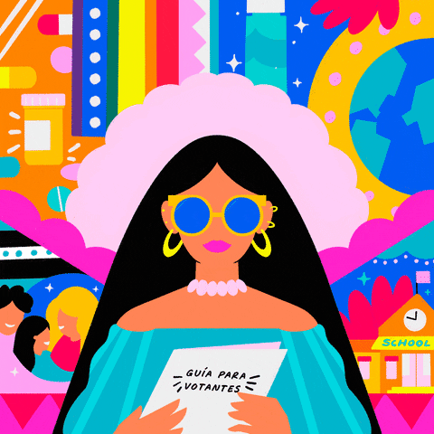 Digital art gif. Woman with flowing black hair wearing sunglasses holds a pamphlet labeled “Guia Para Votantes.” In the background is a colorful collage that includes a school, a family, the earth, and a prescription bottle. Above the woman scrolls the text, “Lee una guia para votar.”