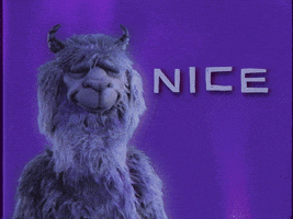 Video gif. A purple puppet with a face like a llama and two horns on its head holds a big thumbs up. Text, “Nice.”