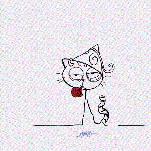 Animovaný gif s unavenou kočkou s narozeninovou čepičkou, foukající na červenou frkačku. 