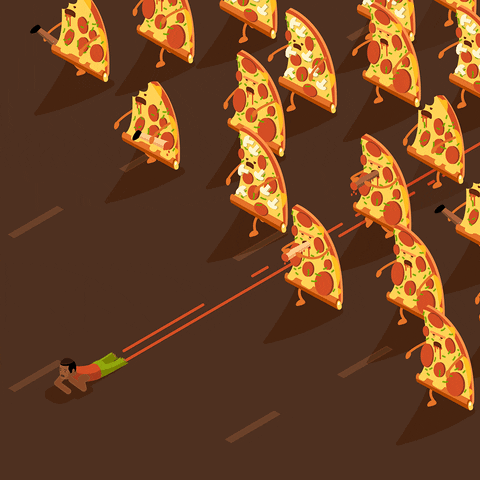 Digital art gif. An aerial shot of a bleeding man attempting to crawl away from a horde of pizza slices that chase after him. 