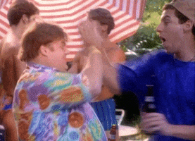 SNL gif. During the Schmitts Gay Beer skit, Chris Farley and Adam Sandler high-five and grasp each other's hands tightly before turning to us and appearing to yell loudly. 