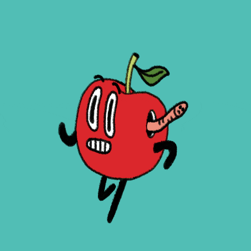 Illustrated gif. Red apple with a face, legs, and arms runs with a fearful expression on his face. A worm hangs out from a hole in its side.