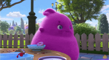 Cartoon gif. A fat purple bunny on Sunny Bunnies walks past a donut on a table and looks at it in surprise. He reaches for it but struggles because his arm is so short. He gets the donut and walks away slowly.